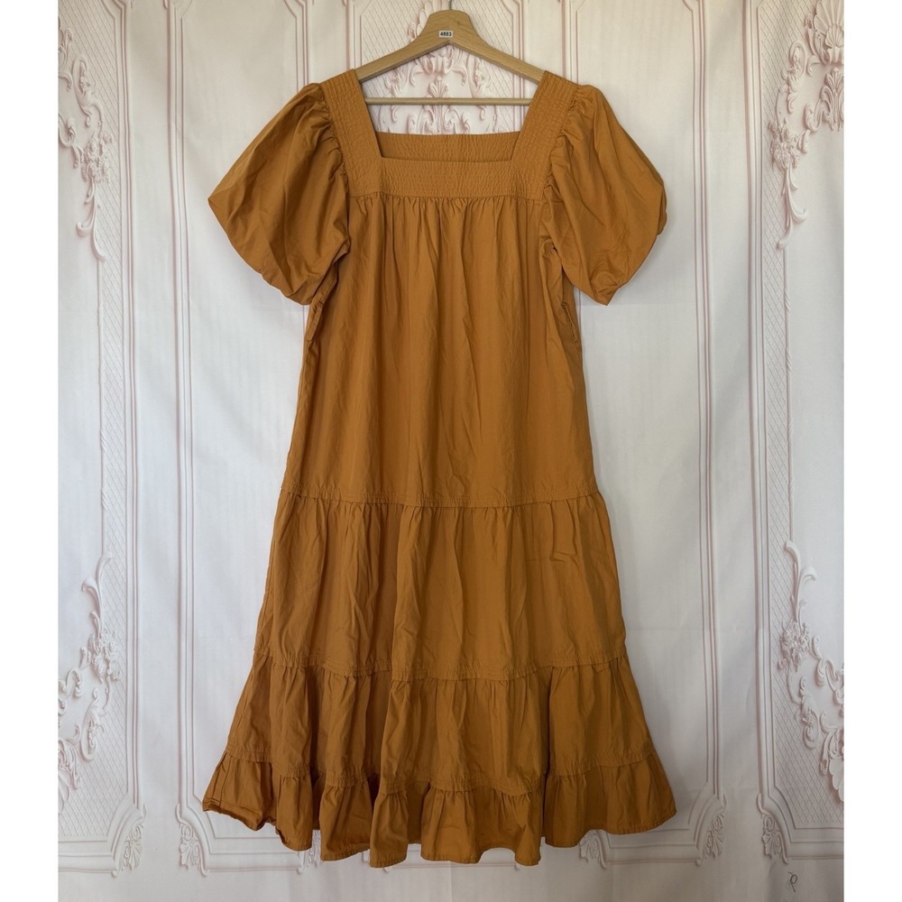 Böhme Tiered Puff Sleeve Square Neck Midi Dress Orange Women's Size Large Boho